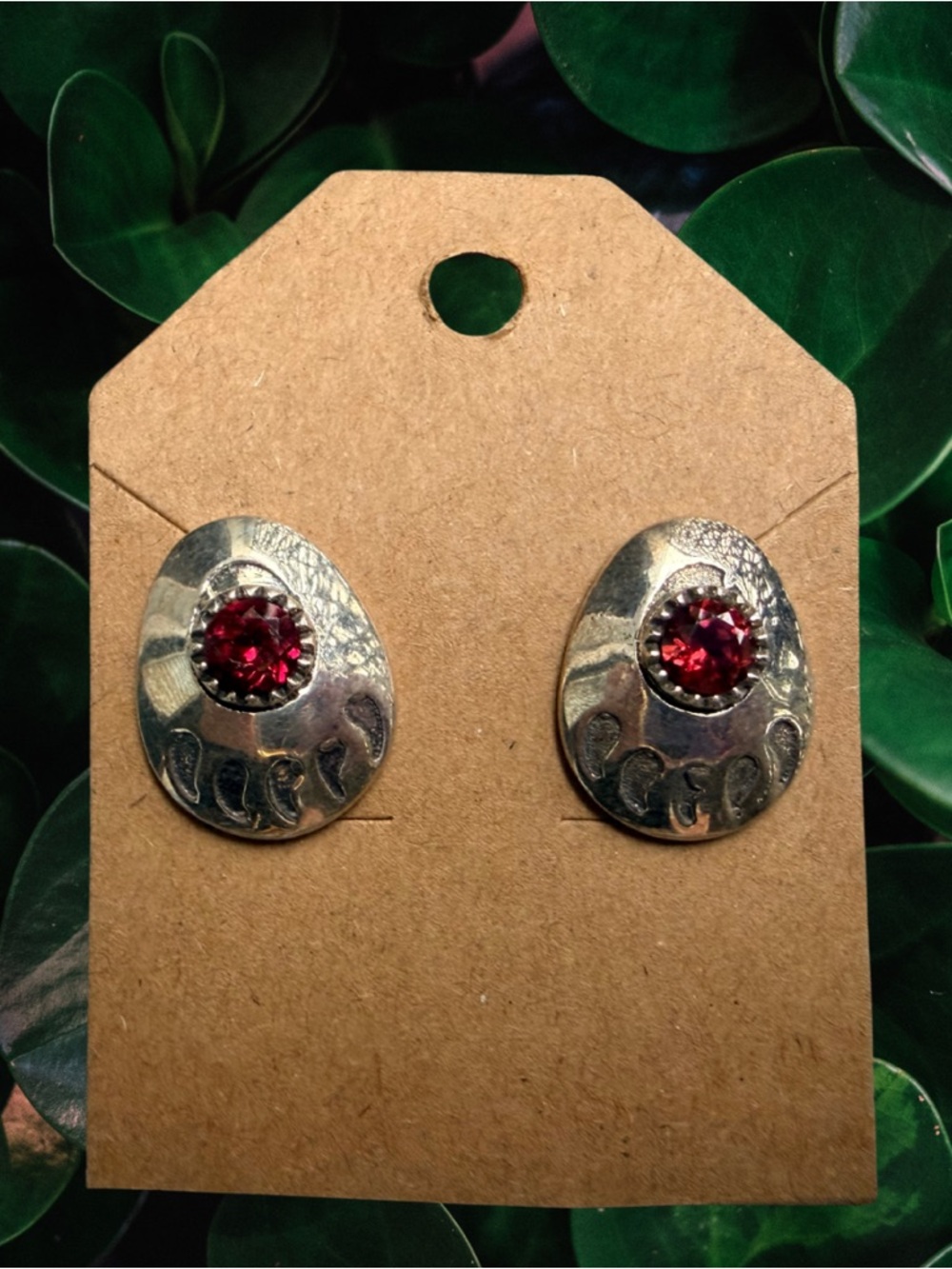 Southwestern Bear Paw Silver Stud Earrings | Natural Garnet | 925 Signed New